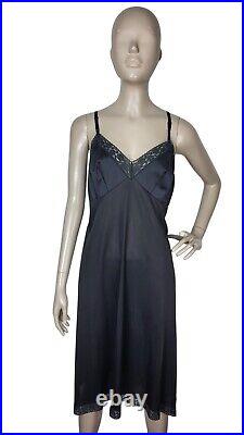 Vintage 60s Vanity Fair Black Nylon Lace Trim Adjustable Slip Dress Sz. 40 Large