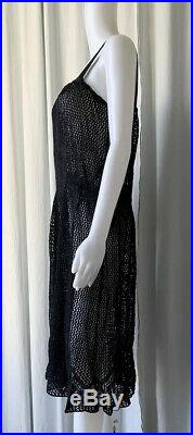 Vintage 70s Black Metallic Crochet Slip Dress M/L