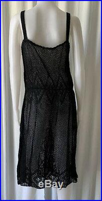 Vintage 70s Black Metallic Crochet Slip Dress M/L