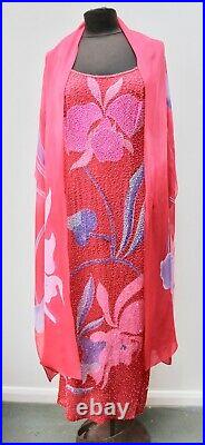Vintage 70s Frank Usher Beaded Slip Dress with Silk Shawl, Size 14, Perfect Cond