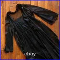 Vintage 70s Glydons Made in USA Women Black Lace Sheer Pajama Robe and Gown Set