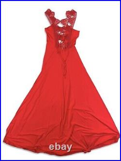 Vintage 70s Knit Crochet Macrame Red Maxi Halter Slip Dress Gown