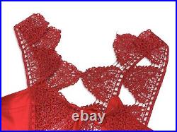 Vintage 70s Knit Crochet Macrame Red Maxi Halter Slip Dress Gown