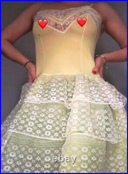 Vintage 70s Lemon Full Frothy Voluminous Lace Frill Romantic Slip Dress UK 10