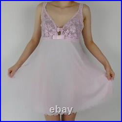 Vintage 70s Shadow Line Pink Tulle & Lace Babydoll Lingerie Slip Dress Small