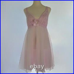 Vintage 70s Shadow Line Pink Tulle & Lace Babydoll Lingerie Slip Dress Small