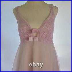 Vintage 70s Shadow Line Pink Tulle & Lace Babydoll Lingerie Slip Dress Small