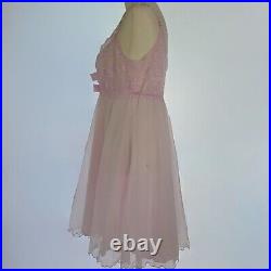 Vintage 70s Shadow Line Pink Tulle & Lace Babydoll Lingerie Slip Dress Small