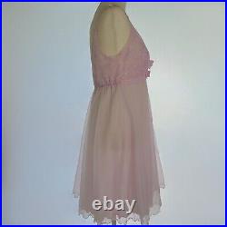 Vintage 70s Shadow Line Pink Tulle & Lace Babydoll Lingerie Slip Dress Small