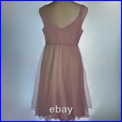 Vintage 70s Shadow Line Pink Tulle & Lace Babydoll Lingerie Slip Dress Small