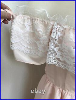 Vintage 70s Small Pink Satin White Lace Gunne Sax Dress WithSatin and Tulle Slip
