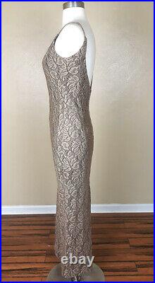 Vintage 80s 90s Dress Gold Metallic LACE Backless Slip Column Prom Party Gown XS