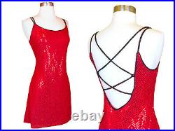 Vintage 80s 90s GRUNGE Dress S Small Prom Cocktail Party RED SEQUIN Mini Slip