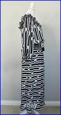 Vintage 80s DIANE FREIS Georgette Black & White Striped Dress, M/L NO SLIP