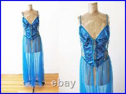 Vintage 80s Fredericks of Hollywood Teal Blue Sheer Lingerie Slip Dress S