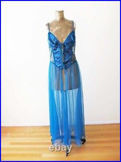 Vintage 80s Fredericks of Hollywood Teal Blue Sheer Lingerie Slip Dress S