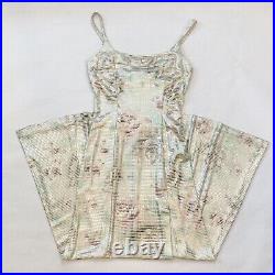 Vintage 80s Metallic Silver Rose Print Maxi Gown Slip Dress Jacket 2PC Set