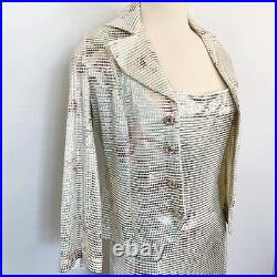 Vintage 80s Metallic Silver Rose Print Maxi Gown Slip Dress Jacket 2PC Set