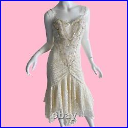 Vintage 80s Susan Roselli Sequin Lace Beaded Wedding Slip Flapper Dress Small