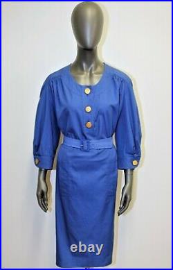 Vintage 80s blue cotton dress SAINT LAURENT VARIATION 46FR 14US made in France