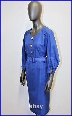 Vintage 80s blue cotton dress SAINT LAURENT VARIATION 46FR 14US made in France