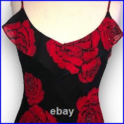 Vintage 90's Betsy & Adam by Jas Lene Black Red Floral Beaded Gems Maxi Dress 10