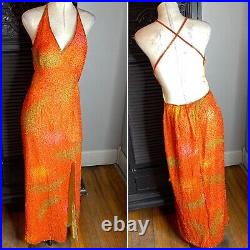 Vintage 90s Beaded Open Back Orange Long Slip Dress Gown 12