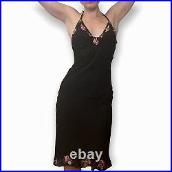 Vintage 90s Betsey Johnson Black Halter Silk Slip Dress Embroidered Roses