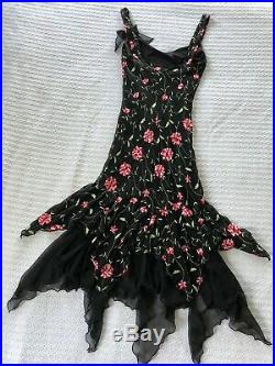 Vintage 90s Betsey Johnson Embroidered Chiffon Slip Dress Ruffle Floral Vine Bow