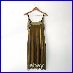 Vintage 90s Betsey Johnson NY Beaded Velvet Green Gold Slip Dress M Olive