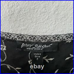 Vintage 90s Betsey Johnson NY SILK Black White Embroidered Slip Dress 2 XS Goth