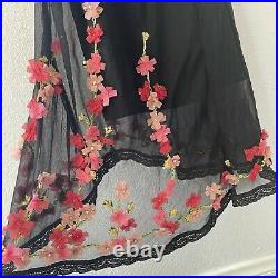 Vintage 90s Betsey Johnson NY Silk Black Pink Red Floral Slip Dress XS S Grunge