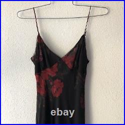 Vintage 90s Betsey Johnson New York Black & Red Floral Silk Slip Midi Dress 2 XS