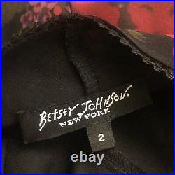 Vintage 90s Betsey Johnson New York Black & Red Floral Silk Slip Midi Dress 2 XS