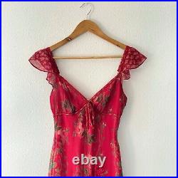 Vintage 90s Betsey Johnson New York Red Floral Silk Chiffon Midi Slip Dress 2 XS