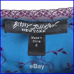 Vintage 90s Betsey Johnson Silk Slip Dress Blue Purple Floral Ruffles Bows Sz 4