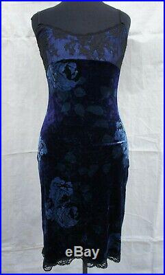 Vintage 90s Betsey Johnson Velvet stretch black Blue Rose Slip Dress 1990s S