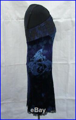 Vintage 90s Betsey Johnson Velvet stretch black Blue Rose Slip Dress 1990s S