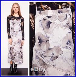Vintage 90s CHANEL silk flower CC logo print grey silver lace insert slip dress
