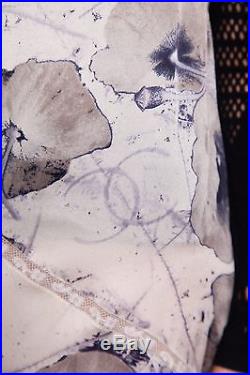 Vintage 90s CHANEL silk flower CC logo print grey silver lace insert slip dress