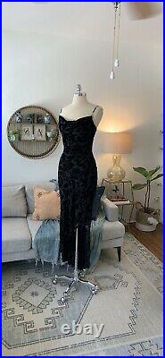 Vintage 90s Cache Black Bias Cut Floral Velvet Slip Asymmetrical Dress