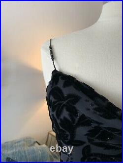 Vintage 90s Cache Black Bias Cut Floral Velvet Slip Asymmetrical Dress