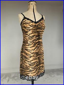 Vintage 90s D&G Tiger Print Slip Dress Soft Faux Fur Lace Y2K Dolce & Gabbana