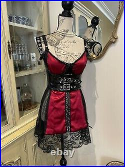Vintage 90s Goth Black Sheer Lace Red Satin Cami Top Babydoll Mini Slip Dress