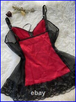 Vintage 90s Goth Black Sheer Lace Red Satin Cami Top Babydoll Mini Slip Dress
