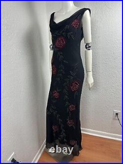 Vintage 90s Lillie Rubin Silk Dress Slip Hand Beaded Floral Applique Sz 8