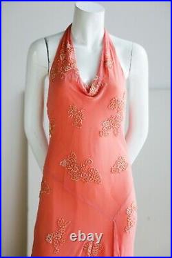 Vintage 90s Silk Bias Cut Beaded Asymmetrical Hem Peach Pink Sexy Slip Dress XS