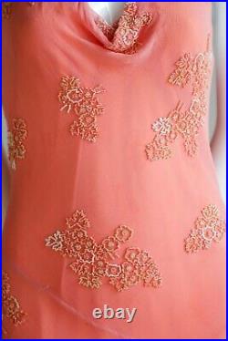 Vintage 90s Silk Bias Cut Beaded Asymmetrical Hem Peach Pink Sexy Slip Dress XS