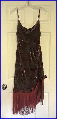 Vintage 90s Silk Velvet Burnout Slip Dress Stevie Nicks Boho Fringe 1920s 12