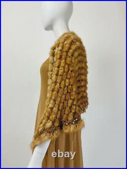 Vintage 90s Slip Dress & Cape Set MINK FUR Chiffon SHEER Duster CAMEL S 4 6 P136